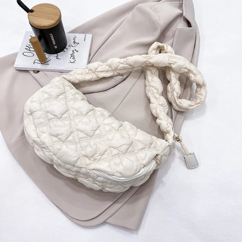 Women's nylon shoulder messenger bag in beige colour with adjustable strap