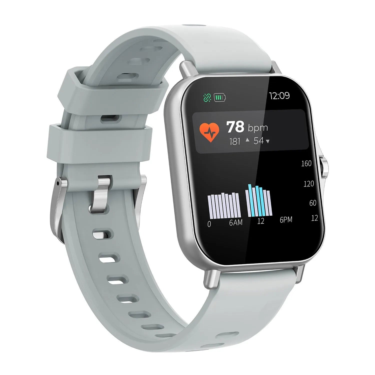 W10 model smart watch in blue with a curved touch screen displaying heart rate, worn on a wrist.