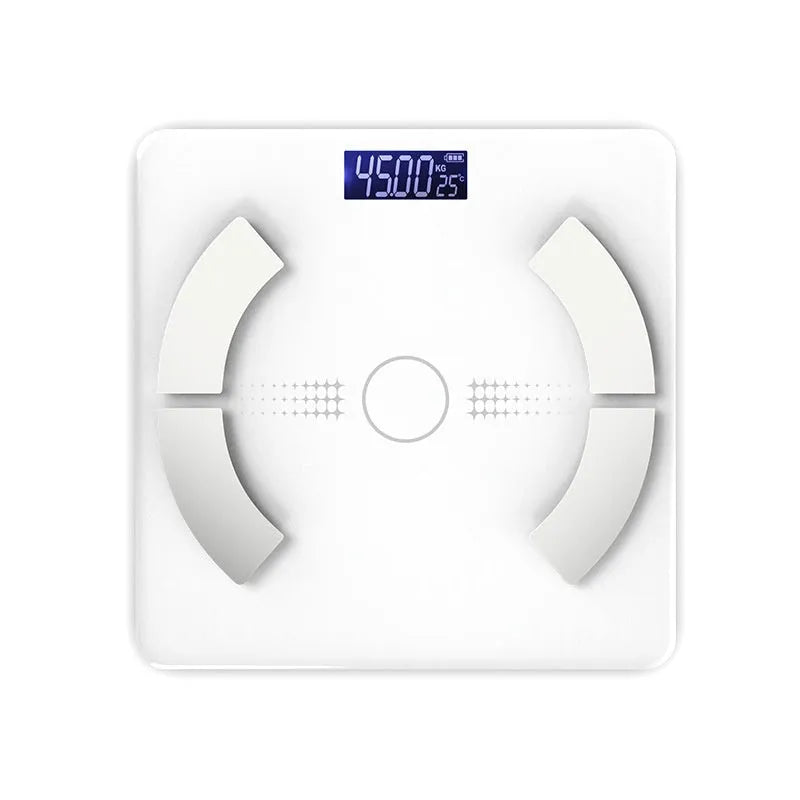 White Bluetooth body fat scale on bathroom floor showing weight, body fat, water and calorie measurements