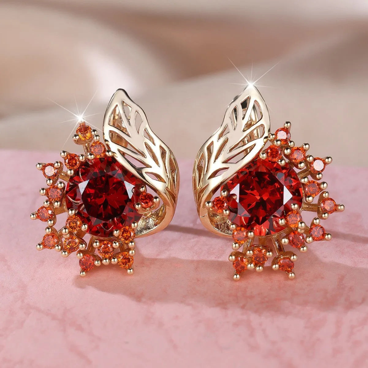 Round flower feather zircon drop earrings in champagne gold with six colour options