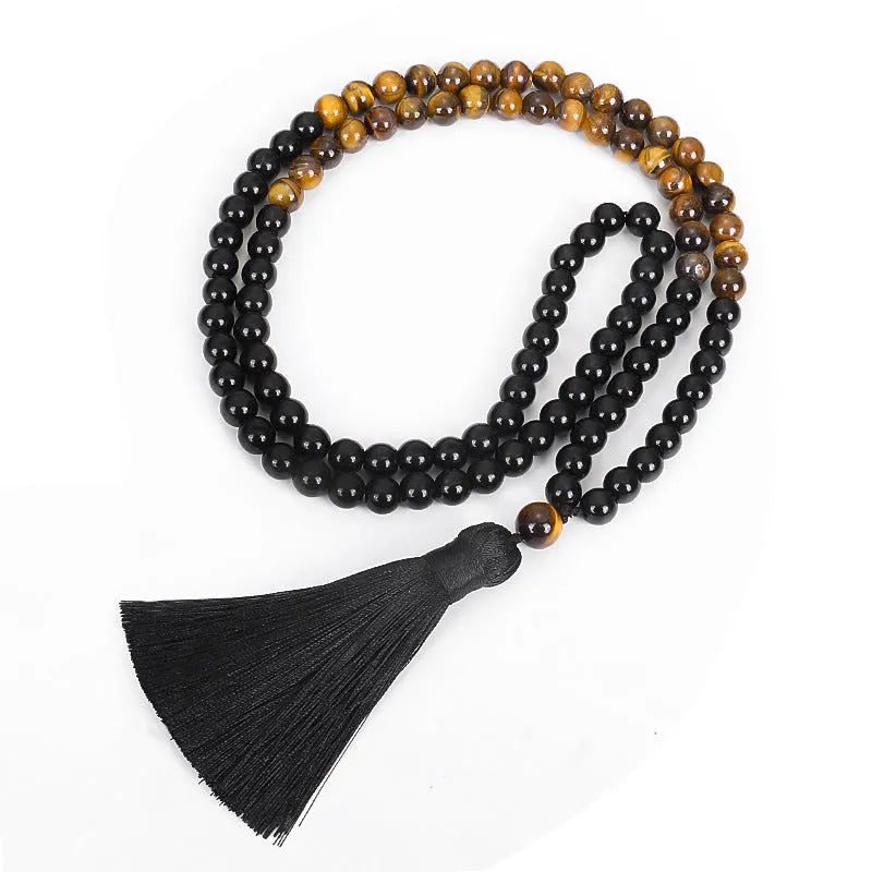 Handmade vintage tiger eye stone necklace with tassel details and ball bead chain