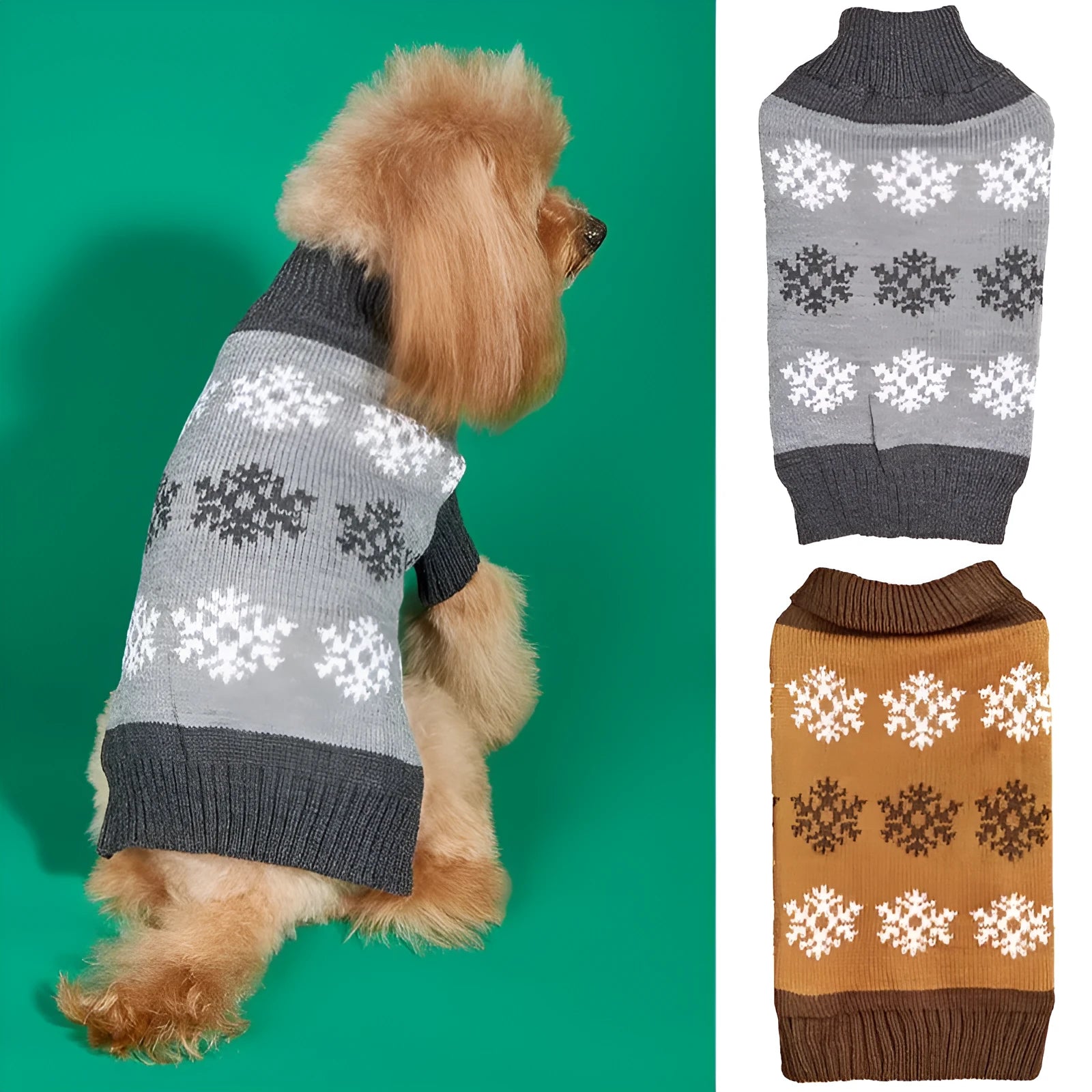 Dog wearing snowflake pattern Christmas sweater in grey and dark brown colours