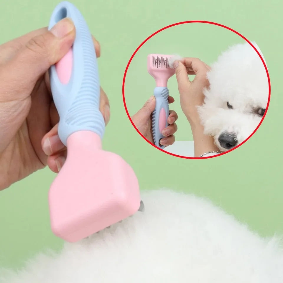 Stainless steel pet grooming comb with integrated knot knife, shown in pink and purple colour options.