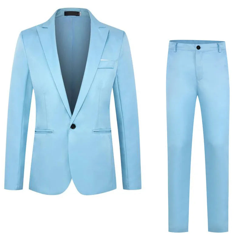Men's loose fit acetate fibre wedding suit jacket in multiple colours on a size chart background