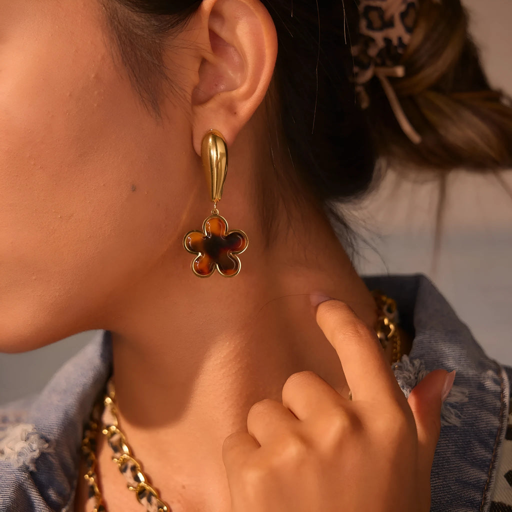 Tortoiseshell resin hawksbill colour earrings with electroplated 18K stainless steel in heart and floral geometric designs