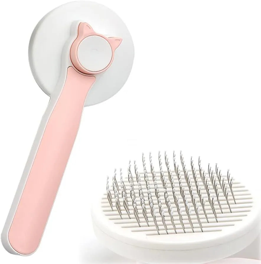 Blue self-cleaning cat brush with massage needles and rubber handle for pet grooming