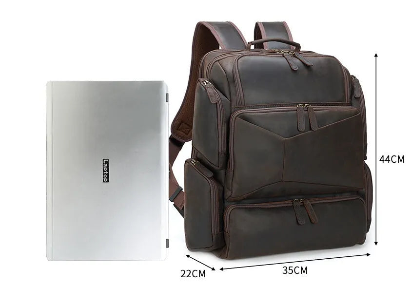 Dark brown leather backpack with 17-inch computer compartment and organisational pockets