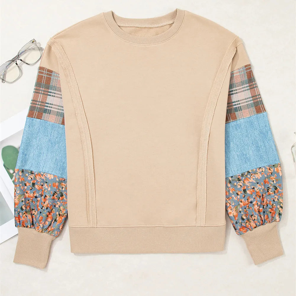 Women's loose plaid top with long sleeves in apricot colour showing Japanese-Korean casual styling