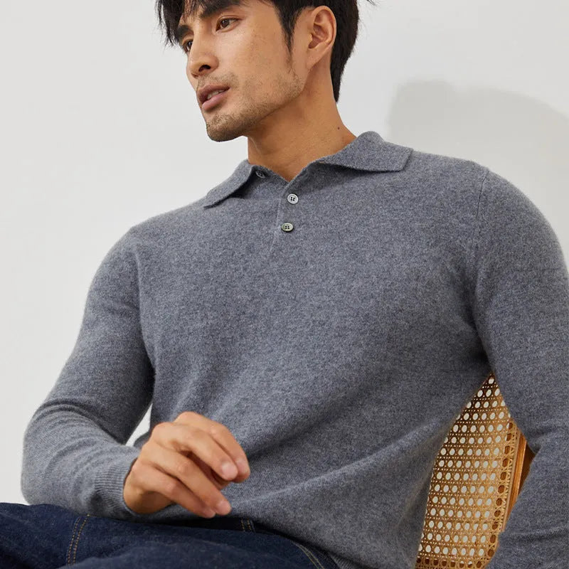 Man wearing a sapphire blue cashmere polo collar loose-fit pullover sweater