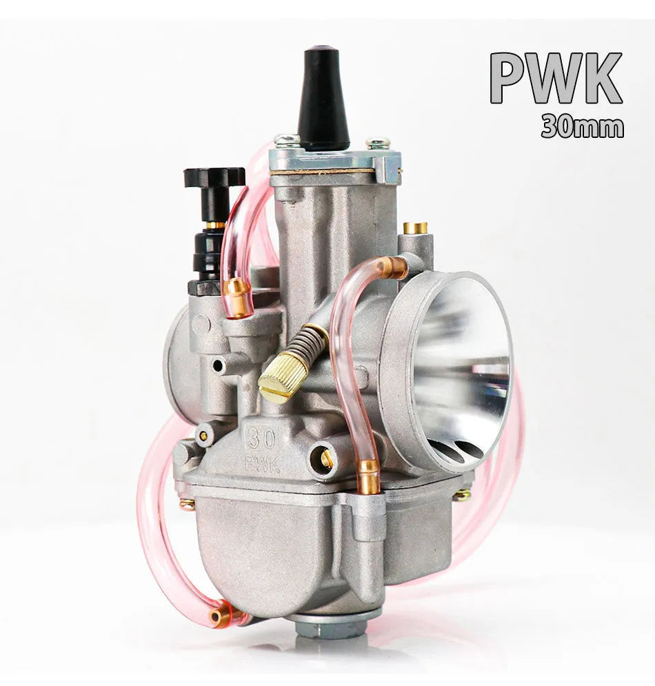Sandblasted PWK motorcycle carburetor for performance modification, showing bore size options.