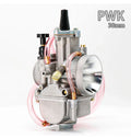 Sandblasted PWK motorcycle carburetor for performance modification, showing bore size options.