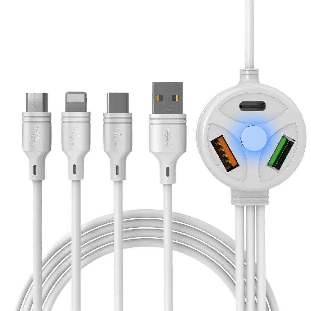 PDPVC mobile phone charging cable with USB, Mini USB, Micro USB, and TYPE-C connectors on a white background.