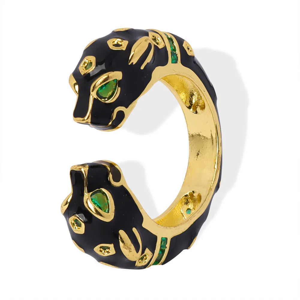 Women's geometric open ring with black cheetah animal pattern, size no.7 copper construction