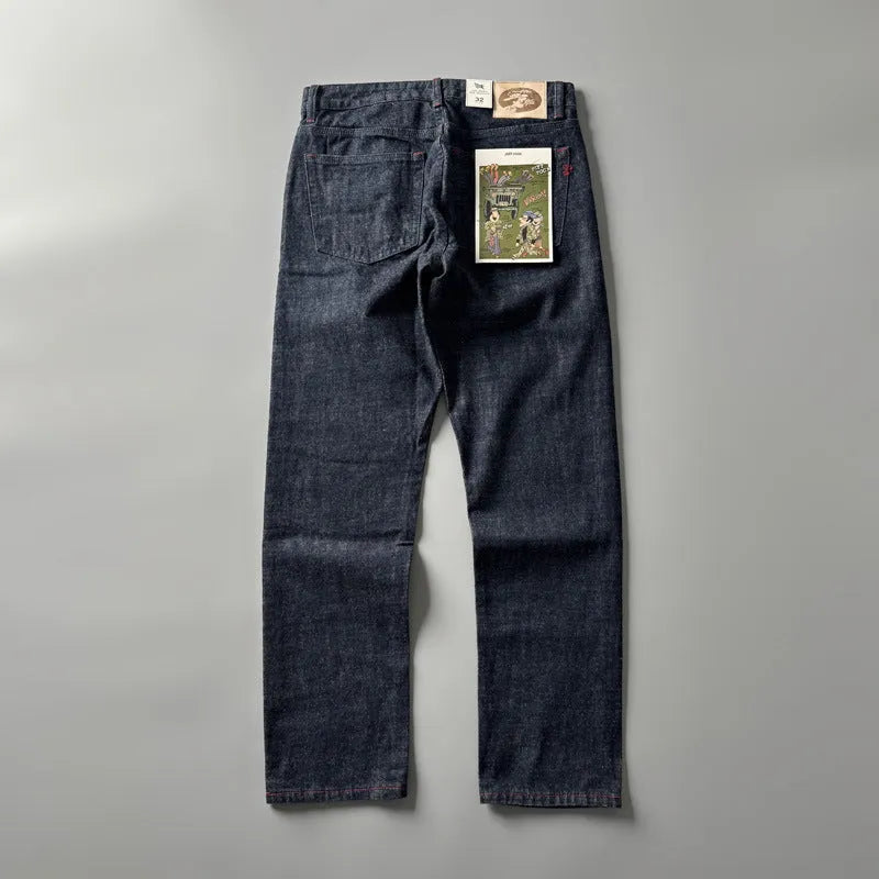 Men's blue straight leg denim jeans with American retro styling and mid waist design