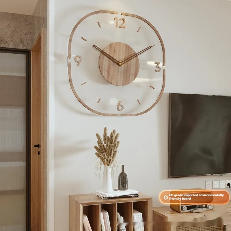 35cm square transparent wooden wall clock with modern design showing box frame and frameless options