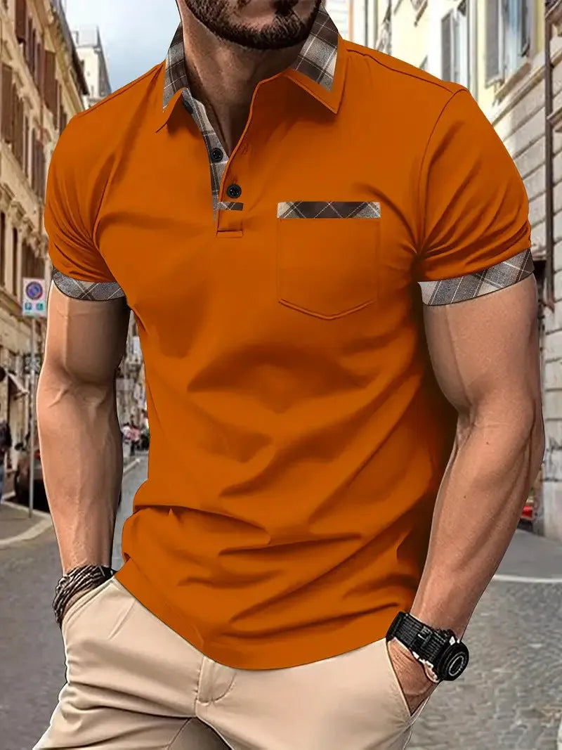 Men's loose fit colourblock plaid t-shirt with zip decorations in multiple colour options