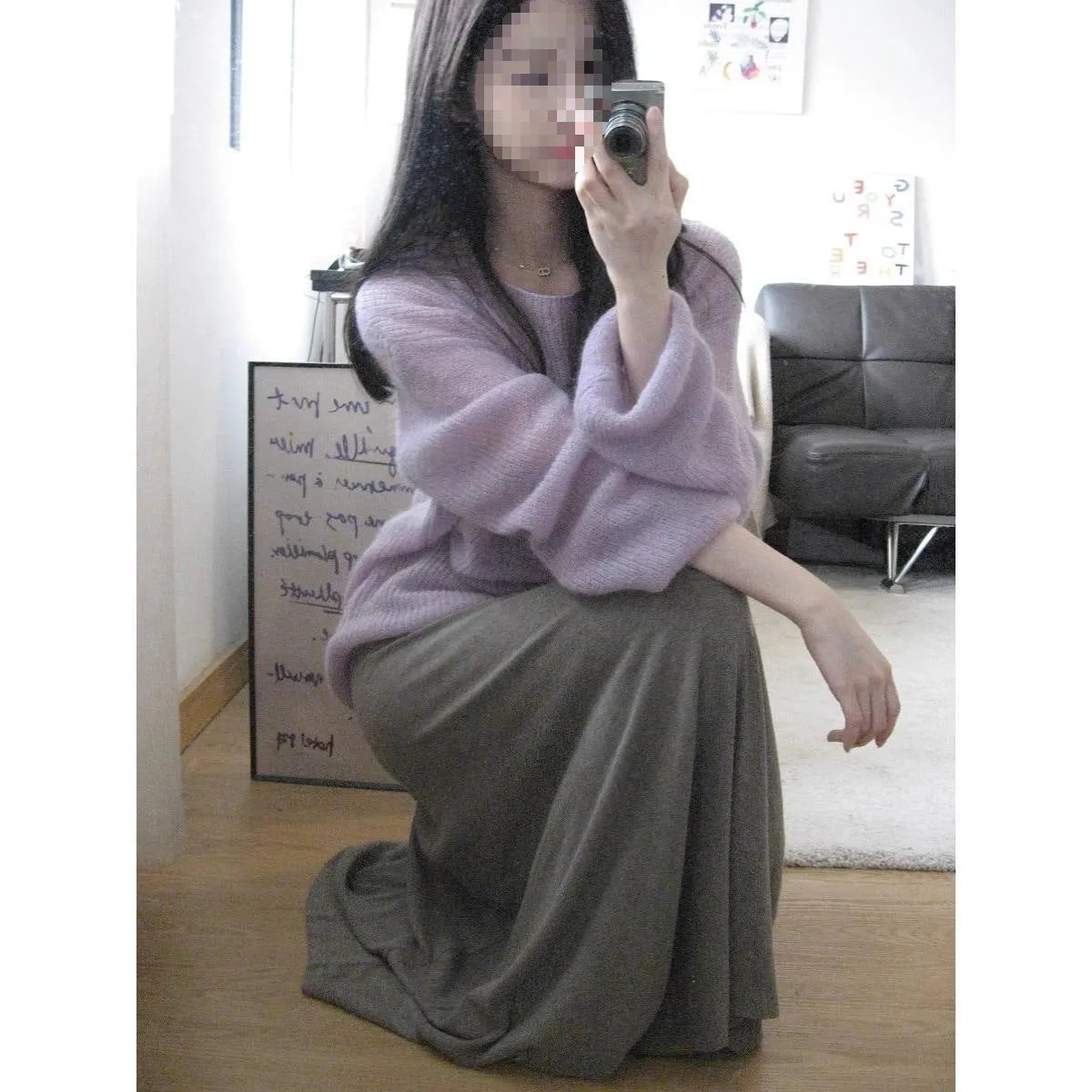 Purple women's loose hollow out blouse with princess sleeves, made from ice silk fabric.