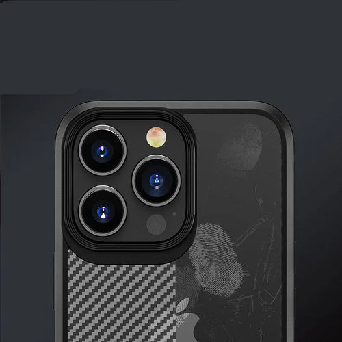 Black anti-fall protective phone case for Apple iPhone 13 models with a carbon fibre pattern.