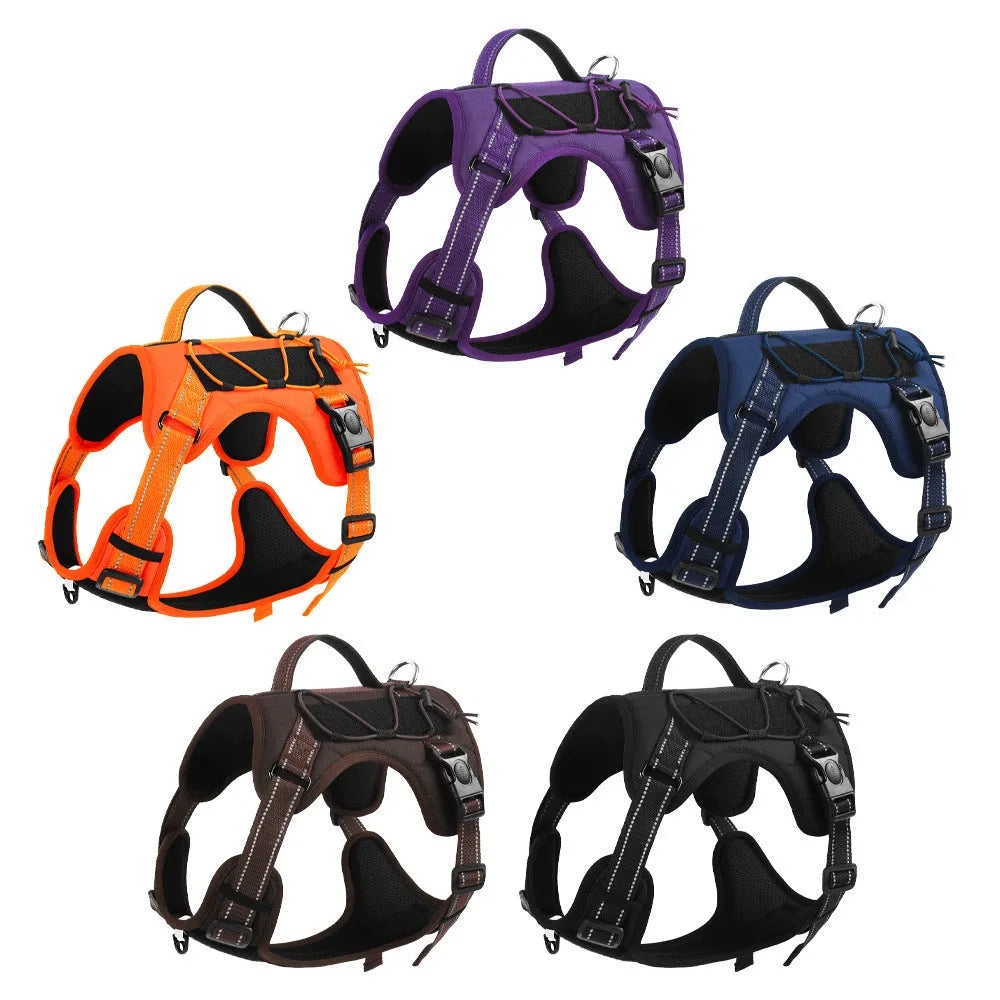 Reflective orange dog harness with black hand holding rope and explosion-proof breast strap.