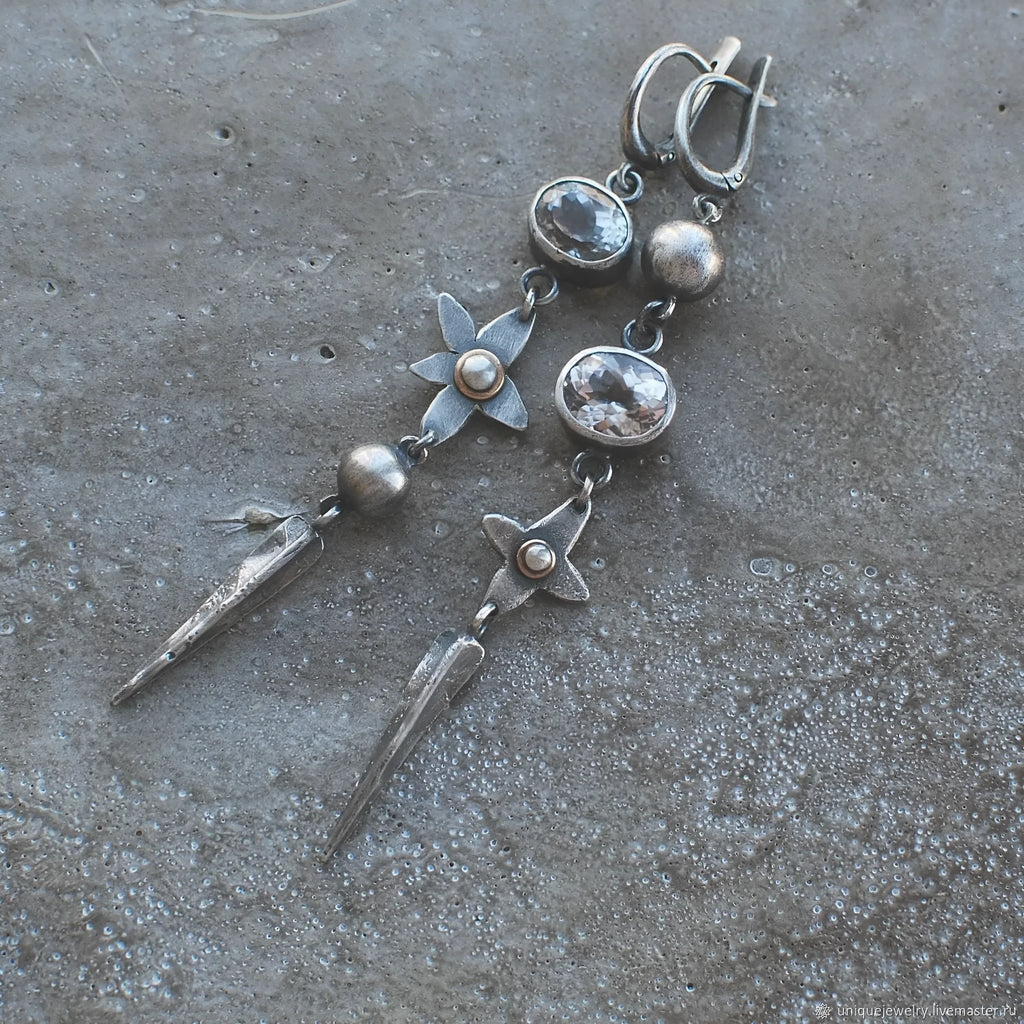 Geometric antique silver pendant earrings with XINGX design and rhinestone detailing