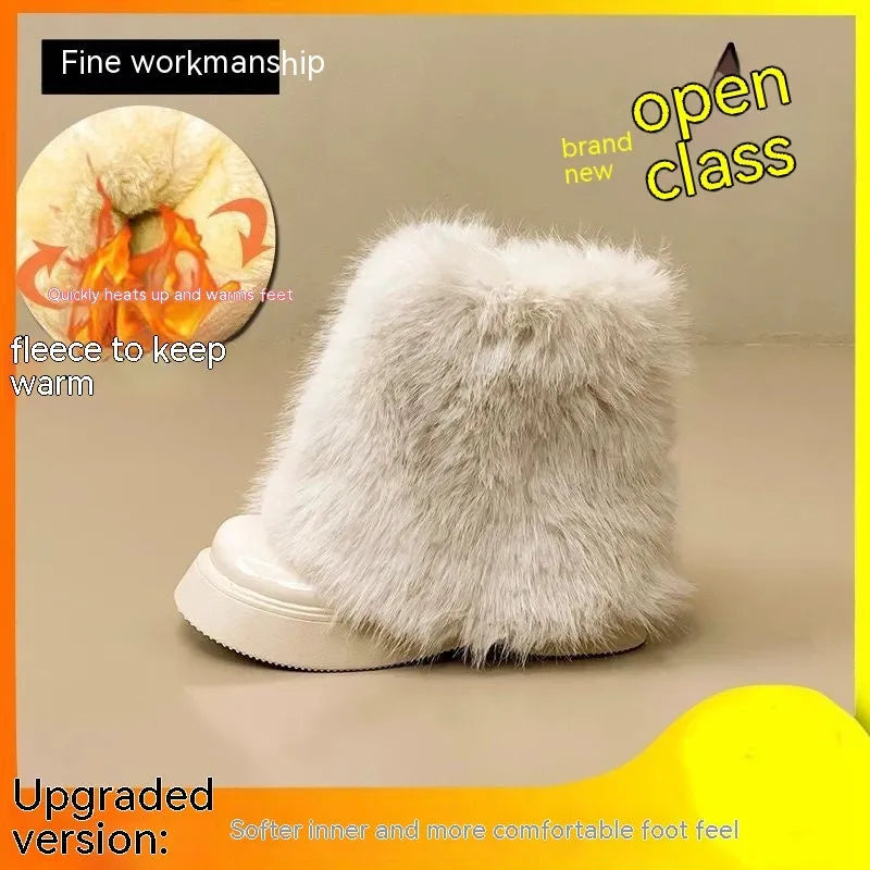 Women's black artificial plush snow boots with a round toe, low-top design, and a mid rubber sole.