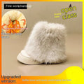 Women's black artificial plush snow boots with a round toe, low-top design, and a mid rubber sole.