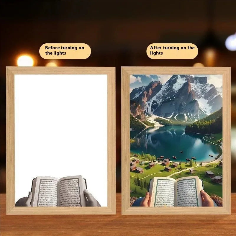 Modern rectangular LED light painting wall art with handmade frame showing illuminated design