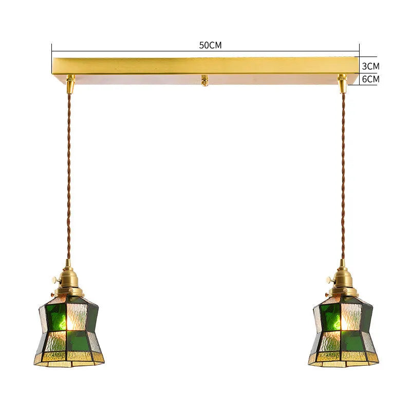 Japanese retro brass and glass chandelier with hand-blown shades, walnut wood accents, and hemp rope light line