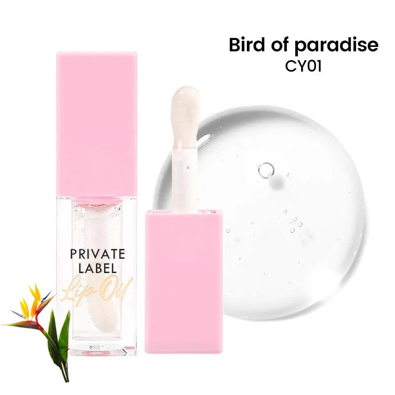 Six transparent lip gloss tubes in fruity flavours: bird of paradise, cherry, coral, mango, strawberry, watermelon