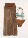 Women's three-piece bikini set with fishnet long skirt in gradient pattern
