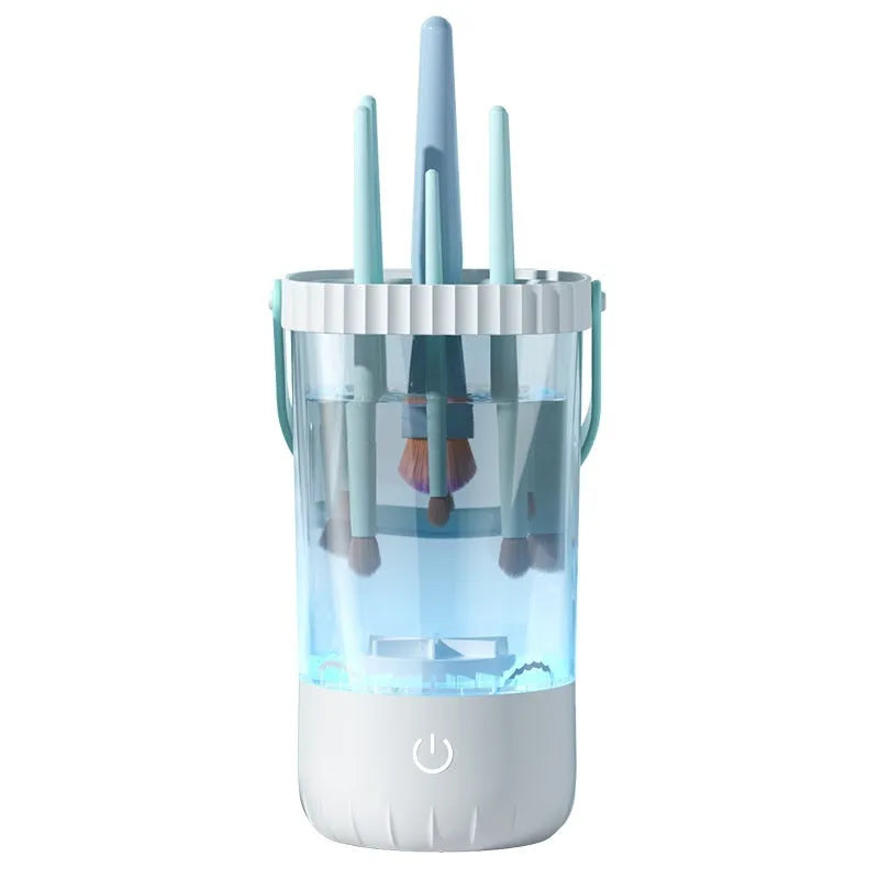 White rechargeable electric makeup brush cleaner with rotating brush head and USB cable