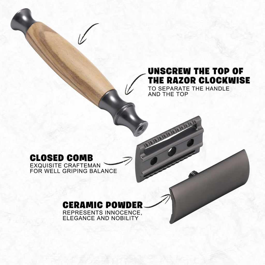 Men's copper manual safety razor with olive wood handle and metal shaving blades