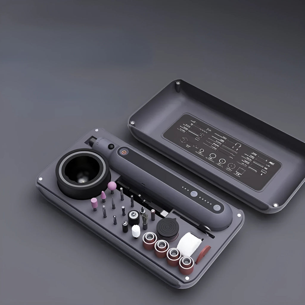 Compact cordless mini electric polishing and cutting machine set on a workbench
