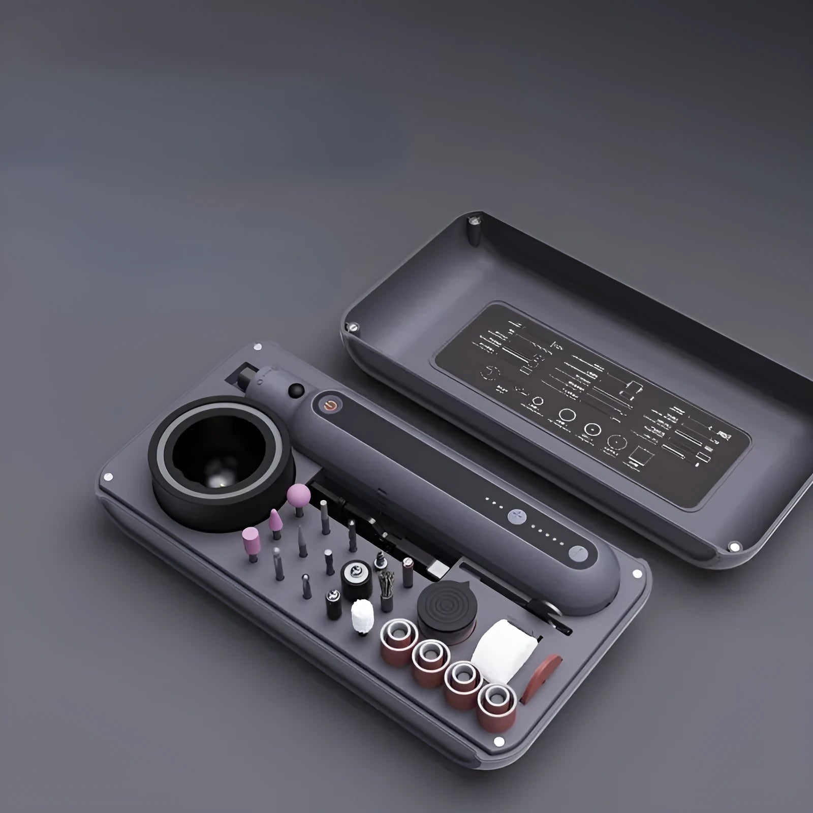 Compact cordless mini electric polishing and cutting machine set on a workbench