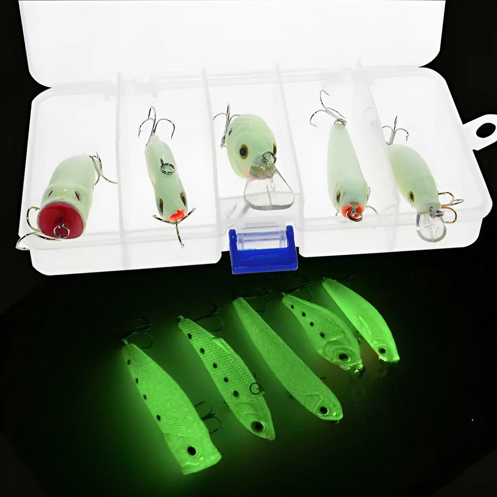 Five 3D fluorescent hard fishing lures with luminous properties for submerged fishing