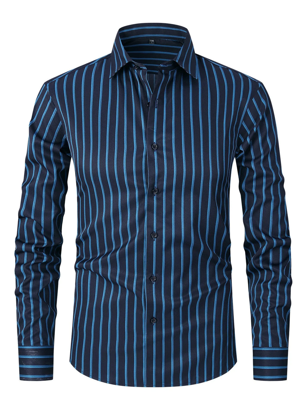 Men's striped ice silk polyester business shirt with slim fit on Asian mannequin showing XXS to XL sizing
