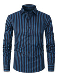 Men's striped ice silk polyester business shirt with slim fit on Asian mannequin showing XXS to XL sizing