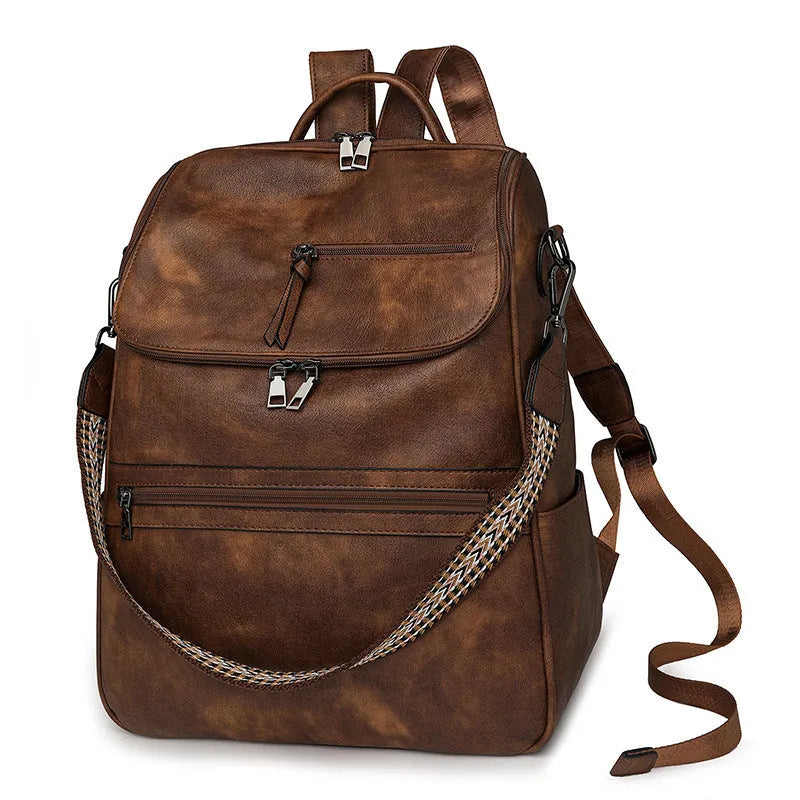 Retro style PU leather college backpack with curved shoulder straps, shown in one of six colour options.