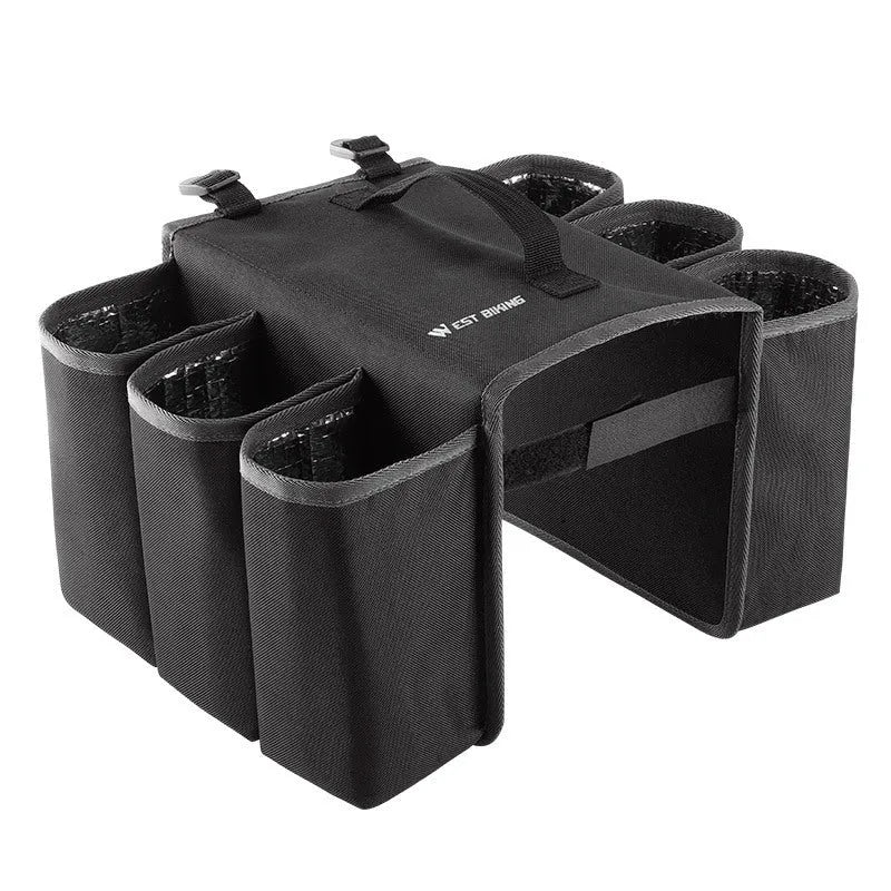 Bicycle double-sided drink storage bag in black showing 2 litre capacity and 600D PVC construction