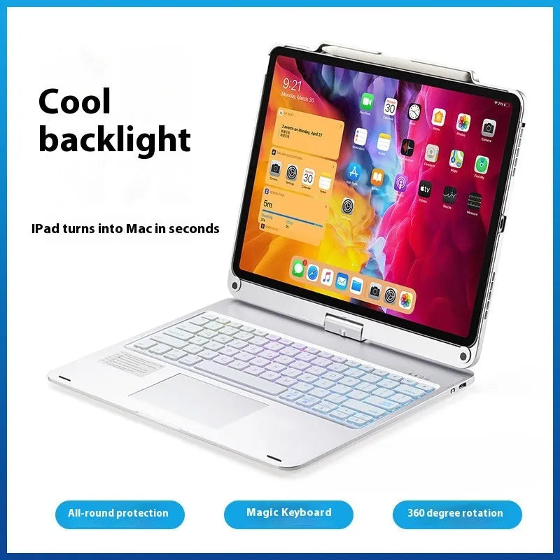 Miaocontrol silver rotating Bluetooth keyboard attached to an Apple iPad Pro tablet showing 360-degree hinge.