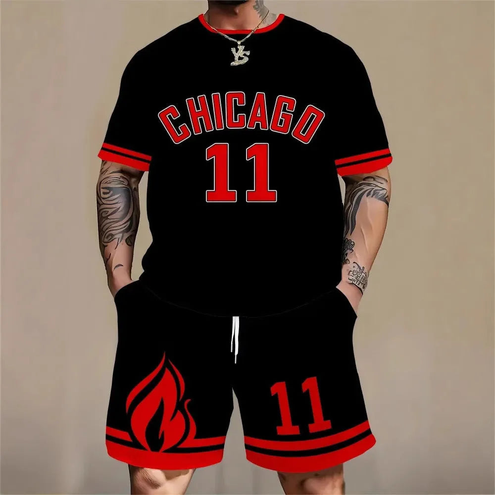 Men's 3D printed letter graphic sportswear set with short sleeve top and matching shorts