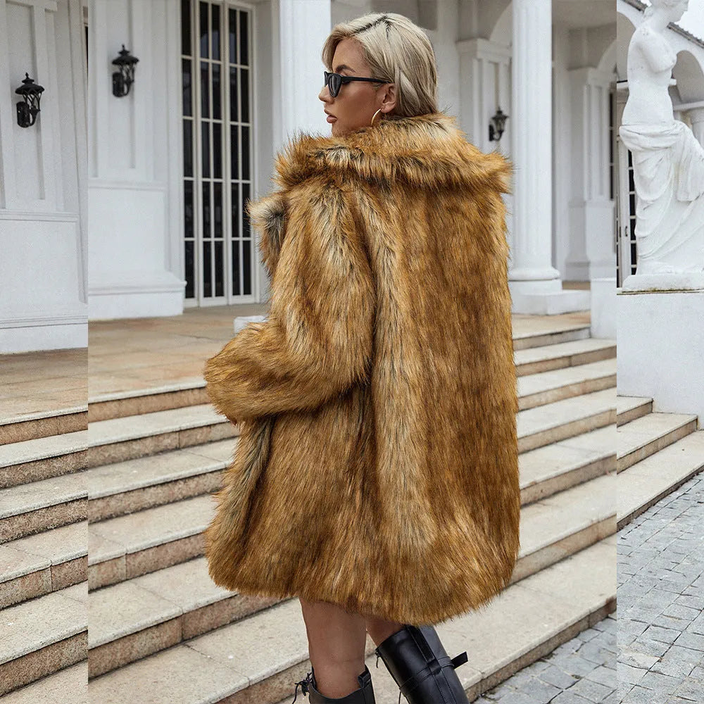 Yellow women's faux fur coat with loose style and regular sleeves