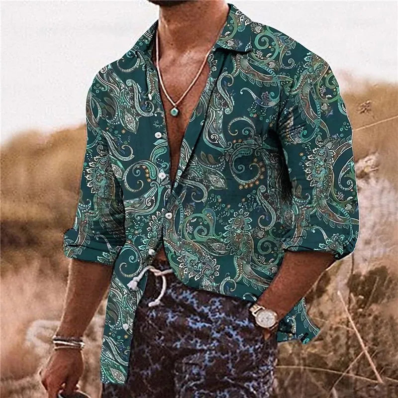 Men's loose-fit long sleeve shirt with a colourful 3D floral print pattern in polyester fabric.