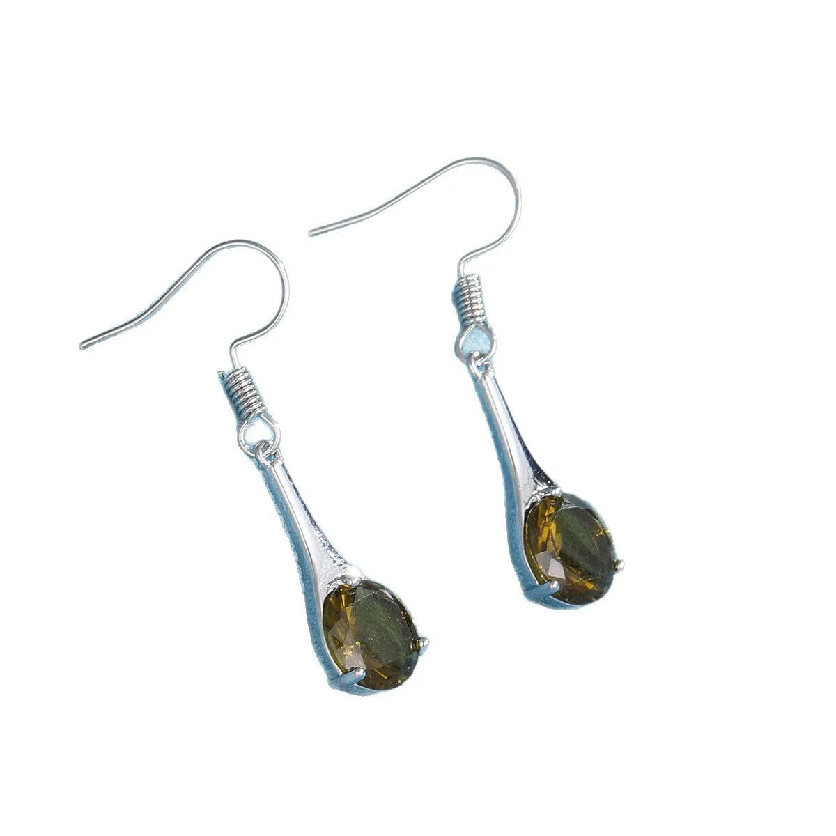 Olive green topaz water drop shape earrings with retro minimalist design and electroplated alloy construction