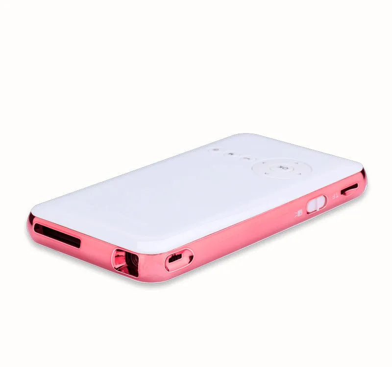 White and rose gold miniature portable DLP Android projector with 32GB memory showing compact dimensions