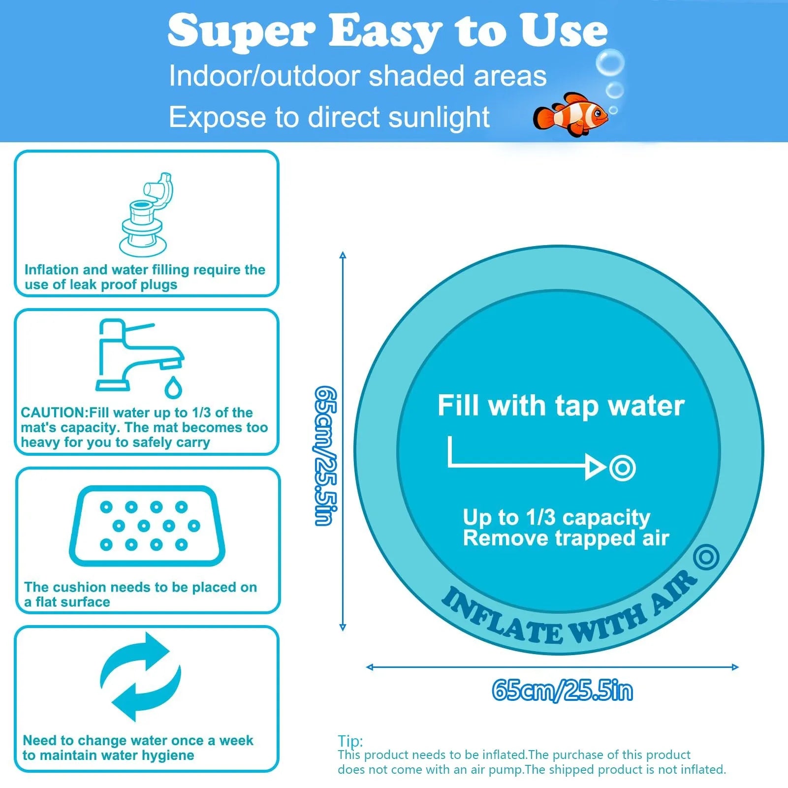 100cm square PVC water sensory playmat for cats with ocean fish design and floating toys