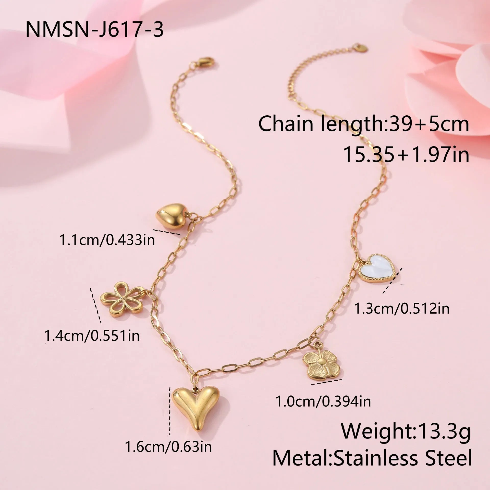 Stainless steel necklace with geometric sun pendant on adjustable 41-50cm chain, 18K electroplated finish