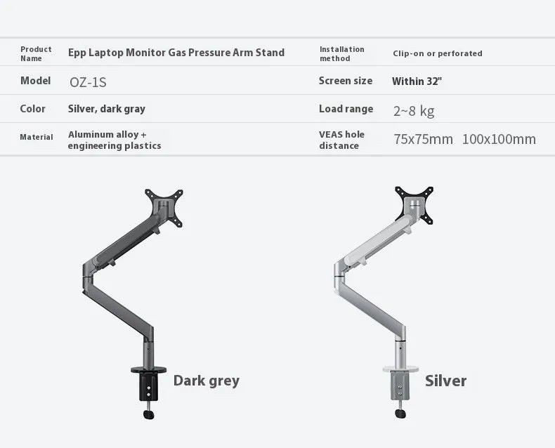 Silver aluminium alloy laptop stand with air pressure arm bracket on desktop