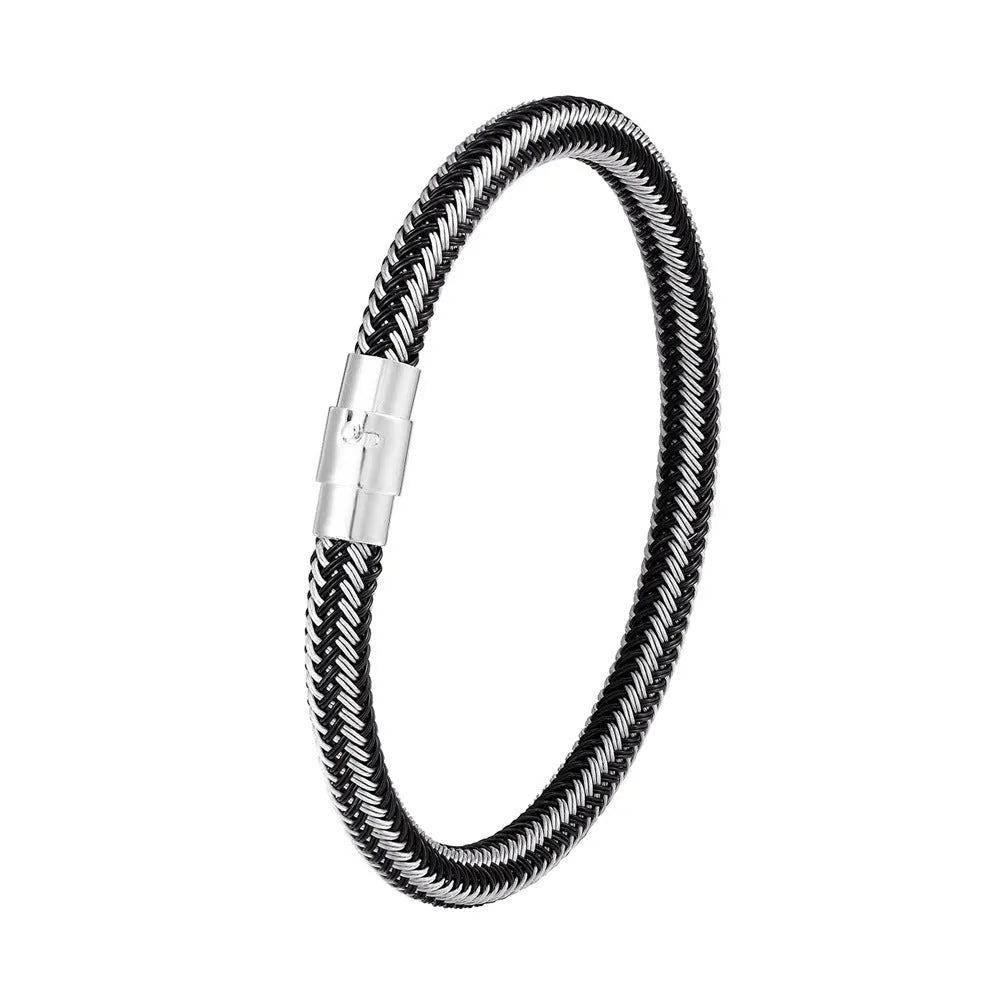 Titanium steel geometric wire bracelet with a magnetic clasp shown in various sizes.