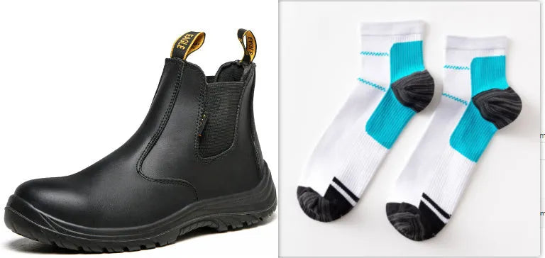 Black leather safety boots with steel toe caps and high-top design for industrial workplace protection